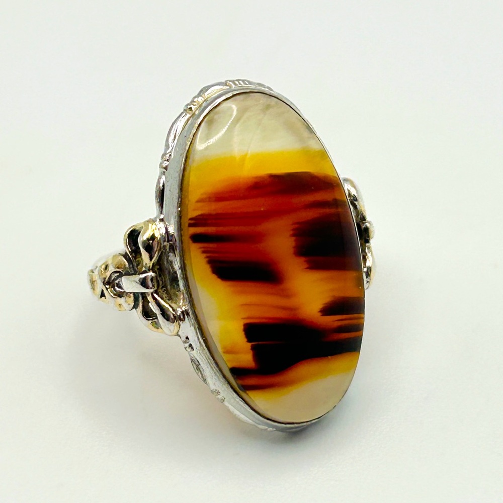 10K Gold Signed Clark & Coombs Vtg Sterling Silver Bow Accent Agate Ring Size 6